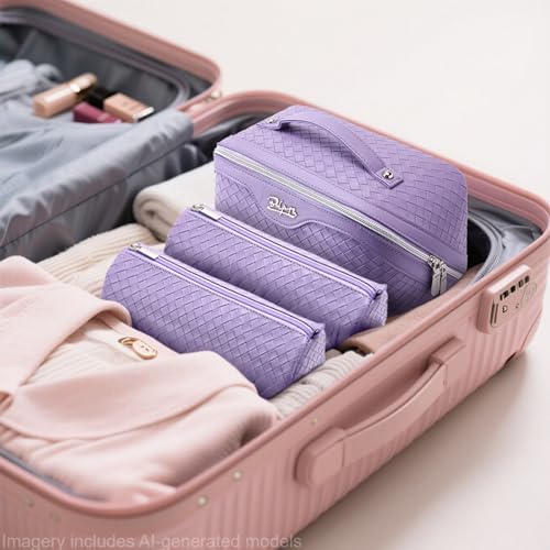 BOYATU Travel Makeup Bag Cosmetic Bags for Women: Large Capacity 3 Pcs Set Make up Bag with Compartments - Waterproof Vegan Leather Toiletry Organizer Bags with Handle (L01 Purple) - color: L01 Purple