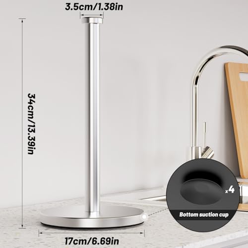 VEHHE Paper Towel Holder Countertop, Stainless Steel Paper Towel Holder Stand with Weighted Base Suction Cups, Standing Paper Towel Roll Holder for Kitchen Bathroom (Silver) - color: Suction Base | Silver