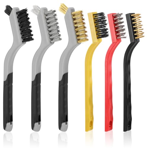 6 Pieces Wire Brushes Set, Small Metal Brass Brush, Stainless Steel Brush, Nylon Brushes for Cleaning Metal Rust and Paint Removal (Grey+3 Mixed Color, L) - color: Grey+3 Mixed Color