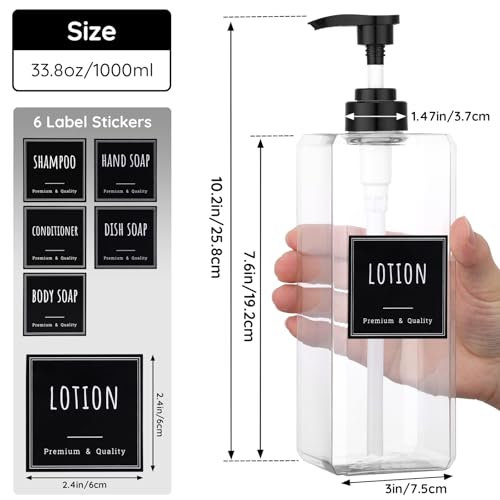 Segbeauty 33.8oz Plastic Soap Dispenser Bathroom, 2pcs Large Capacity Shampoo and Conditioner Dispenser, Square 1000ml Hand Soap Bottle Refillable, Clear Empty Pump Bottles with Waterproof Labels - color: Clear, style: 2pcs