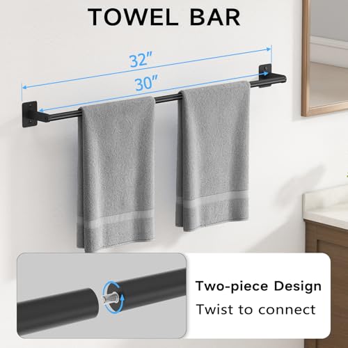 KLJKPA 4-Piece Bathroom Hardware Set, 32 inch Bathroom Towel Holder | Black Bathroom Accessories Set, Towel Racks for Bathroom, Robe Towel Hooks, Toilet Paper Holder Wall Mounted - color: Black (4 Piece), size: 32 inch