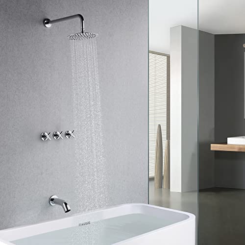SUMERAIN 3 Handle Shower and Tub Faucet Set, Chrome | Wall Mounted, Waterfall Tub Spout, 8" Rain Shower Head, Brass Rough-in Valve, Cross Handle - color: Chrome