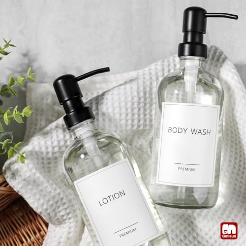 GMISUN Glass Soap Dispenser with Pump, 2 Pack Clear Bathroom Hand Soap Dispenser with Stainless Steel Pump, 17 Fl Oz Refillable Kitchen Hand and Dish Soap Dispensers Set, Modern Liquid Pump Bottles - color: Clear Bottle + Black Pump