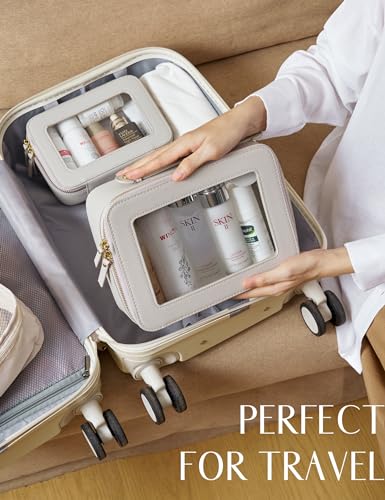 Popvibe Clear Makeup Bag Toiletry Case Travel Transparent Cosmetic Bag with Zipper, Portable Make Up Organizer Traveling Compact Car Bag for Essentials, Beige Grey - color: Beige Grey, style: Large Luxe