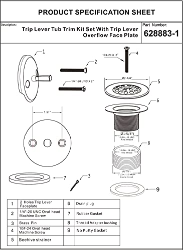 Matte Black Trip Lever Tub Trim Kit Set with Trip Lever Overflow Face Plate, No putty Gasket,Trip Lever Bathtub Drain with Strainer, Overflow and Matching Screws, No putty installation By Artiwell - color: MATT BLACK