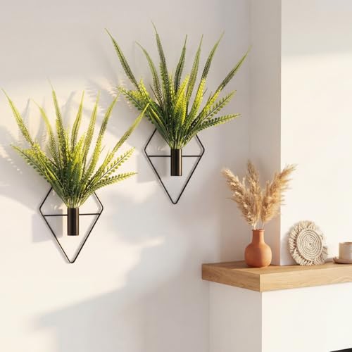 Canlierr 2 Pieces Black Wall Decor Hanging Planters with Artificial Plants Metal Hanging Vase Indoor Plants Holder Modern Geometric Wall Art for Bathroom Bedroom Living Room Decor(Boston Fern) - color: Black, size: Boston Fern