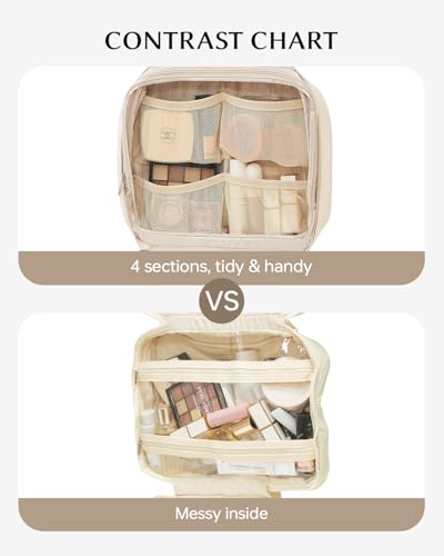 EACHY Toiletry Bag with Hanging Hook, Travel Makeup Bag PU Leather Cosmetic Bags for Women Make Up Organizer with 4 Compartments Waterproof Full-Size Portable Travel Essentials (White，Pro) - color: B-Pro-White
