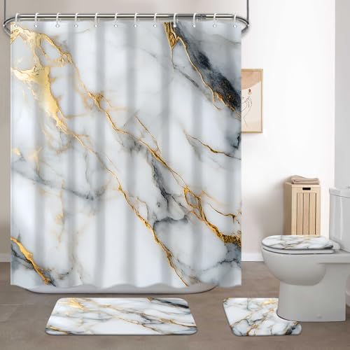 Lnond 4Pcs Marble Bathroom Sets with Shower Curtain and Rugs,White Gold Marble Modern Art Bathroom Shower Curtain Sets with Rugs and Accessories - color: White Gold Marble