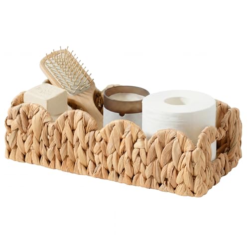 StorageWorks Small Wicker Scalloped Baskets for Bathroom Decor, Water Hyacinth Bathroom Baskets for Storage, Decorative Toilet Paper Basket for Back of Toilet Basket Tank Topper with Handles - color: Natural (Water Hyacinth), size: 14¼" L x 6¾" W x 3¾" H