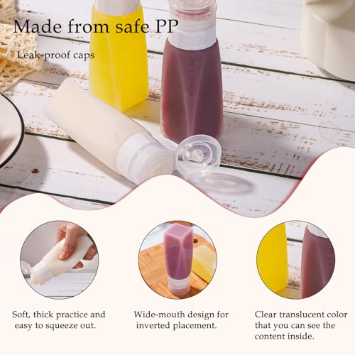 Set of 6 Leak Proof Silicone Travel Bottles Mini Sauce Dispensers Small Portable Salad Dressing Containers to Go for Lunch 3oz Squeeze Condiments Bottles Lunchbox Accessories