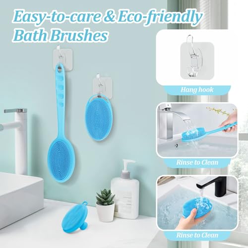 Silicone Back & Body & Face Scrubber Set 3PCS, Gentle Exfoliating Back & Body Scrubber with Dual-Side Brush Head, Hygienic Silicone Loofahs with Soft Bristle and Non-Slip Handle(Blue-3PC) - color: Blue*3