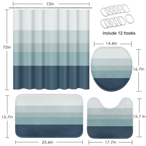 Striped Blue Shower Curtain Set with Toilet Lid Cover and Non-Slip Rugs for Bathroom, Minimalist Neutral Ombre 4 Pcs Shower Curtain, Modern Bathroom Set with 12 Hooks - color: Ombre Blue