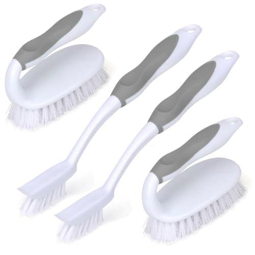 Scrub Brush Set, 4 Pack Deep Cleaning Brush Kit - 2 Scrub Brush, 2 Tile & Grout Brush with Built-in Scraper, Household Commercial Scrubber for Floor, Shower, Pool Wall, Tub (Gray) - color: Gray