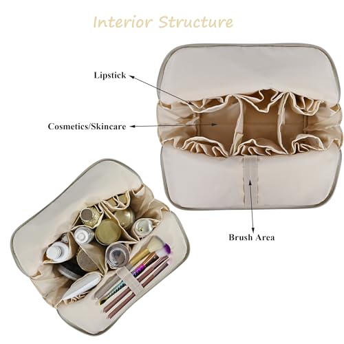 Travel Makeup Bag for Women, Waterproof Stand Up Cosmetic Bag with Brush Holders, Organizer Bag with Compartments, Fold-Down Design for Skincare, Toiletries & Essentials (Camel, Large) - color: Camel, size: Large