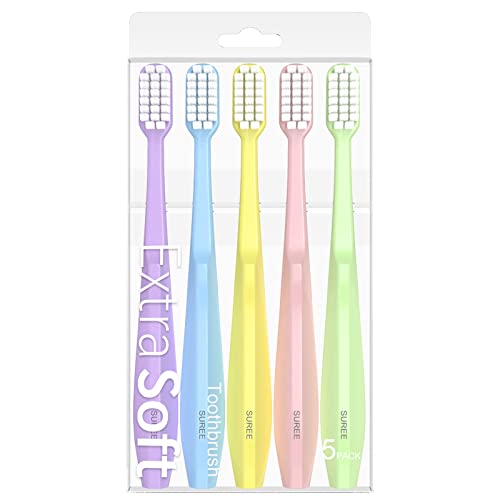 SUREE Extra Soft Toothbrush for Sensitive Teeth and Gums (5 Pack), Ultra Soft Toothbrush with 10000 Micro Nano Bristles for Adults and Elderly - style: 5 Packs (No Case)