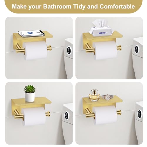 Brushed Gold Bathroom Hardware Set, 5 Pieces Gold Towel Bar Bathroom Accessories, Upgraded Toilet Paper Holder with Shelf Set, 23.6 Inch Towel Rack Towel Holder for Bathroom Wall - color: Brushed Gold, size: 5 Pieces B