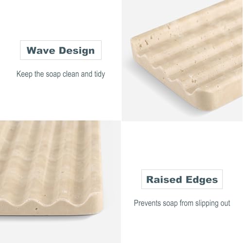 Karibiber Marble Soap Dish, Beige Travertine Bar Soap Holder Shower, Large Bathroom Soaps Saver, Easy Cleaning Natural Stone Sponge Holder for Kitchen Sink, Executive Jewelry Ring Tray - color: Travertino Romano