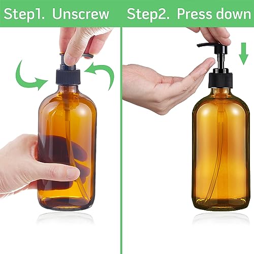 Amber Glass Soap Dispenser 16 Oz - Empty Bottles Set with Black Pumps & Lids & Lables for Refillable Shampoo Conditioner Bathroom Shower Wash Hand Body Lotion Soap Dish Kitchen Container Brown