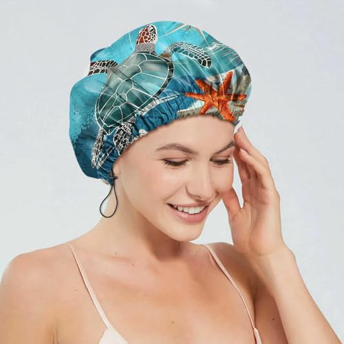 2 PCS Shower Cap Reusable Waterproof Double Layers Hair Caps Shower Bath Adjustable Elastic Hat for Women Girls Cute Aesthetic-Sea Turtle Frog - color: AI7-Sea Turtle Frog