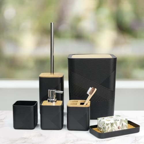 CERBIOR Bathroom Accessories Set 6 Piece Bamboo Bath Ensemble Includes Soap Dispenser, Toothbrush Holder, Toothbrush Cup, Soap Dish for Decorative Countertop and Housewarming Gift (Black) - size: Complete Set, style: Black