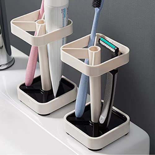 Toothbrush Holder with Cup/Cover Contains 3 Slots, Compatible with Conventional Toothbrushes, Can Store Toothpaste (Rectangle) - color: Cream Color A(vertical)