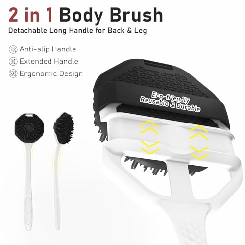 Back Scrubber for Shower for Men 2 Pack, Silicone Body Scrubber with Long Handle, Detachable Body Wash Scrubber Shower Scrub Brush - Lathering Bristles Deep Clean Exfoliator Women Mens Black - color: Grey