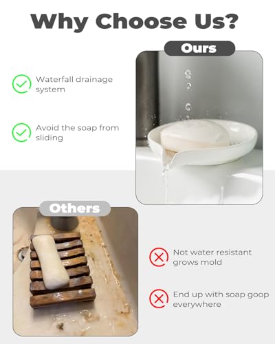 Self Draining Soap Dish, Ceramic Drain Soap Holder Waterfall Design Soap Saver for Shower, Bathroom, Sink, Kitchen and Countertop, Keeps Dry, White - color: White, size: Round