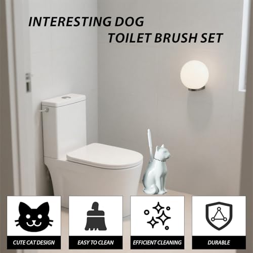 Comeon Ceramic Cat White/Black Toilet Brush and Holder Set, Plastic Handled Scrub Brush for Bathroom Cleaning,10.63"*6.3" (White) - color: White, size: Cat