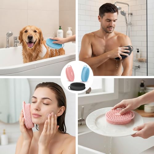 Silicone Body Scrubber 3 Pcs Silicone Loofah Exfoliating Body Scrubber for Men Women Soft Silicones Shower Scrubbers Double Sided Silicones Bath Bodys Brush for All Skin Lather Well - size: black+pink+blue