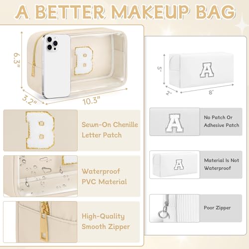 Initial Clear Makeup Bag, Birthday Gift Preppy Chenille Patch Cosmetic Bag, Initial Travel Essentials Beach Toiletry Pouch, Ideal Gift for Teachers & Moms, Women and Girls (Beige, B) - color: Beige, style: B
