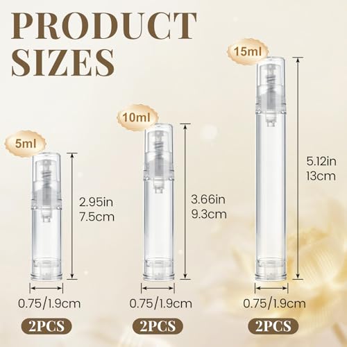 PAGOW 6pcs Clear Travel Pump Bottle, 5ml/10ml/15ml Airless Pump Bottles with Caps, Empty Refillable Cosmetic Containers Vacuum Dispenser Bottle for Lotion Makeup DIY Foundation