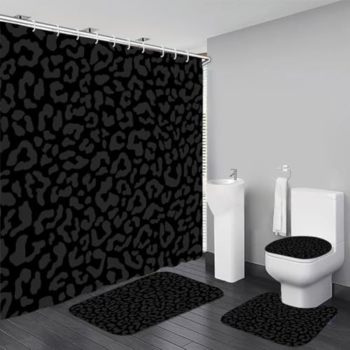 4 PCS Leopard Shower Curtain Cheetah Print Shower Curtain Sets Non Slip Bathroom Rugs Soft Plush Bath Mat Toilet Lid Cover Animal Print Shower Curtain with 12 Hooks for Bathroom Tub, Black - color: Black