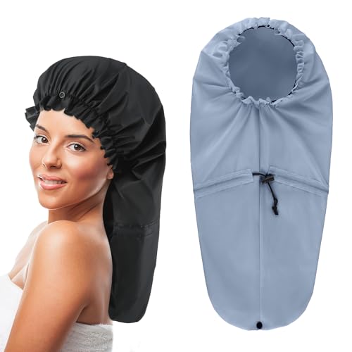 2 Pcs Large Shower Cap for Braids, Extra Long Shower Cap for Women Long Hair & Locs, Waterproof Hair Bonnets for Dreadlocks Drawstring Bath Caps for Women & Men (Black, Grey) - color: Black, Grey