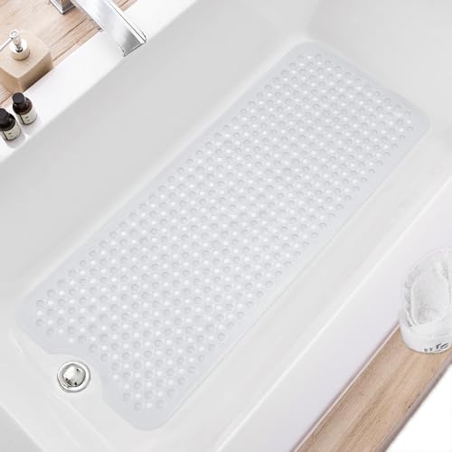 TEESHLY Bath Tub and Shower Mats, Non Slip 40 x 16 Inch Extra Long Bathtub Mat, Machine Washable Bathmat with Drain Holes, Suction Cups for Bathroom Floor, Clear - color: Clear