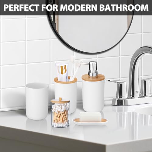 iMucci Bathroom Accessories Set 5Piece White Bathroom Sets, Toothbrush Holder, Toothbrush Cup, Lotion Soap Dispenser, Soap Dish and Qtip Holder Bathroom Decor - style: White