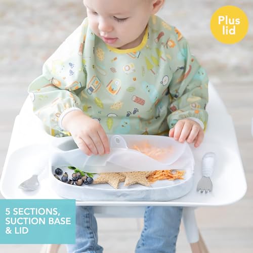 Bumkins Toddler and Baby Suction Plate, Silicone Divided Grip Dish and Lid, Large 5-Section Tray for Kids, Essentials in Children Feeding Supplies, Non Skid Stick Bottom, for Ages 6 Months Up, Marble - color: B1 Marble-Lg GD Lid