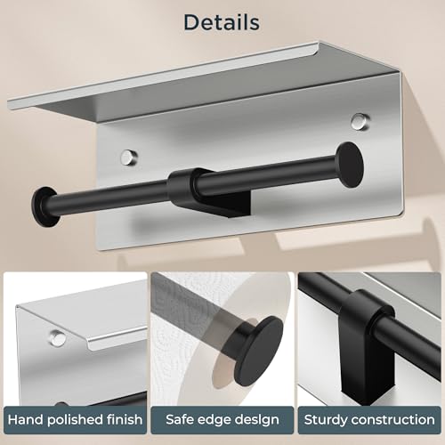 FORIOUS Double Toilet Paper Holder with Shelf, Wall Mount Tissue Roll Holder for Bathroom, 304 Stainless Steel Commercial Toilet Tissue Dispensers with Phone Shelf (1, Stainless Steel & Matte Black) - color: Stainless Steel & Matte Black
