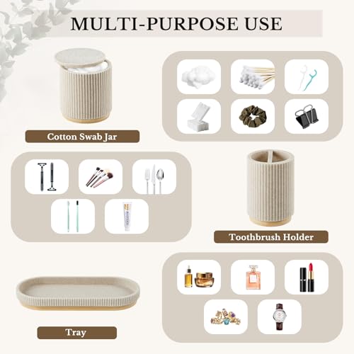 7PCS Bathroom Accessories Set, with Soap Dispenser, Q-tip Holder, Toothbrush Holder, Tumbler, Soap Dish, Vanity Tray, Bathroom Set Complete Organizer Countertop for Modern Decor, Beige