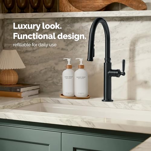 Vine Creations White Glass Soap Dispenser Set, Hand Soap and Dish Soap Dispenser Set with Bamboo Tray, 16 oz Glass Dispensers Bottle for Kitchen and Bathroom Decor Modern Boho with Bamboo Pump (White) - color: White