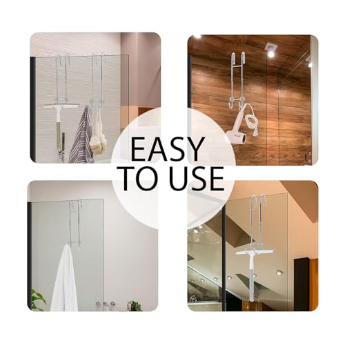 Shower Door Towel Hooks (2-Pack), 9"~13" Length Adjustable Hook for Framed & Frameless Over the Door Glass, Squeegee Holder, Towels Hanger for Bath Suits Rozer Robes Loofahs Shavers, Silver | Fit for Frameless & Framed Doors, Anti-Scratch, Rustproof Towel