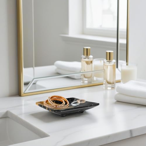 Luxury Handmade Multi Black Marble Soap Dish Holder with Drain for Bathroom and Shower, Best Bath Products & Sponge Tray for Kitchen & Housewarming Gifts., 4x5x0.75, (SD2021) - color: Dark Marble
