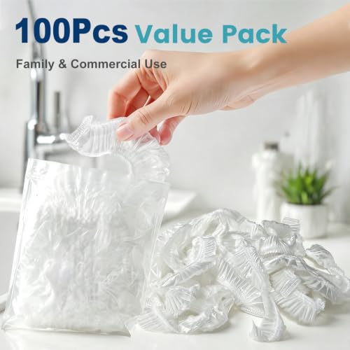 Disposable Shower Caps, 100 Pack - 18.1" Large Thick Waterproof Elastic Bath Caps, Clear Plastic Hair Covers for Women Home Travel Hotel Spa & Salon
