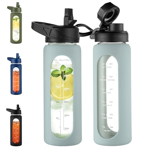 CIVAGO 24 oz Glass Water Bottle with Straw and Handle, Large Sports Motivational Water Bottle Flask with Time Marker and 2 Lids, Leakproof Jug Canteen with Silicone Sleeve for Gym, Sage - color: .Sage, size: 24 Ounces