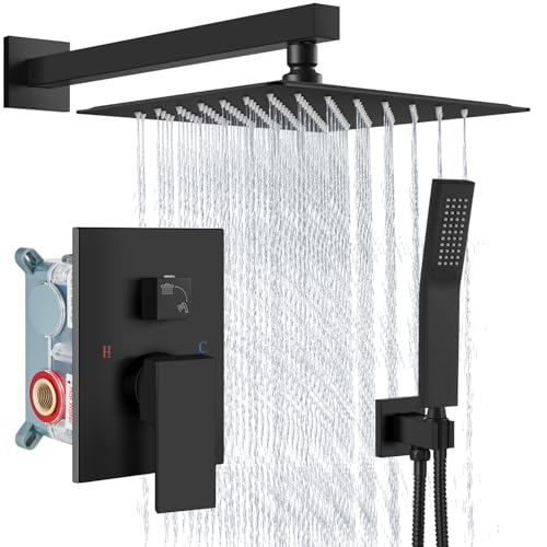 Aolemi Shower Faucet Set Rain Shower System with Handheld Spray Bathroom Shower Combo Rough-in Valve and Shower Trim Kit Included Matte Black 12 Inch Wall Mount Shower Head - color: Matte Black, size: 12 Inch Wall Mount Shower Head
