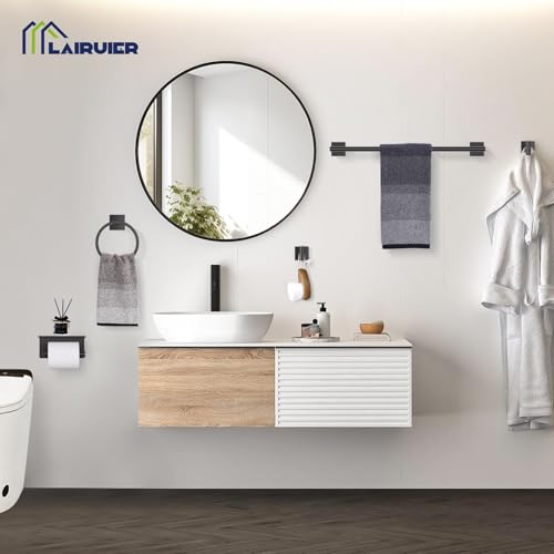 5-Piece Black Bathroom Hardware Set, SUS304 Stainless Steel Bathroom Accessories Set 23.6 inches Towel Bar, Toilet Paper Holder with Shelf, Towel Ring and Two Towel Hooks Wall-Mounted - color: Black, size: 5 Pieces - With Shelf