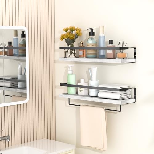 Bathroom Shelves with Towel Bar, Wood &Metal Frame, 2 Pack(White) | Floating Shelves for Bathroom, Kitchen, Living Room, Bedroom - color: White