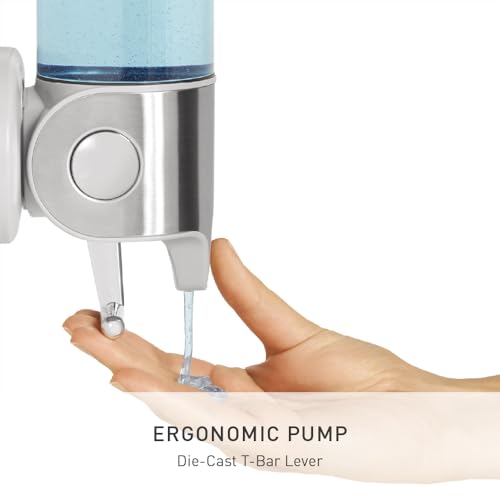 simplehuman Single Wall Mount Pump, Hotel-Grade Refillable Shower Soap Dispenser, Ergonomic T-Bar Lever, No-Drill Adhesive Install, for Bathrooms, Hotels, and Airbnbs, Stainless Steel - size: Single