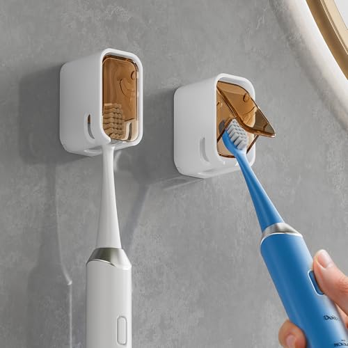 Toothbrush Holders for Bathroom【Innovation Single Slot Design】 2PCS Toothbrush Holder Wall Mounted with Cover for Shower, Single Toothbrush Dispenser Storage Organizer for Family & Travel - color: Brown-2pcs