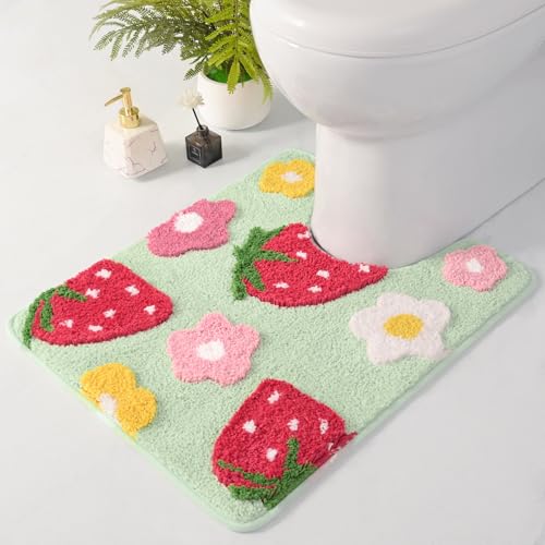 Anybar U-Shaped Toilet Rug 20x20'' - Super Soft Absorbent Bathroom Mat with Cute Strawberry & Flower Design, Non-Slip Quick-Dry Washable Contour Rug for Toilet, Bath Mats for Bathroom Decor（Green） - color: Green, size: 1'8" x 1'8" (U-Shape)