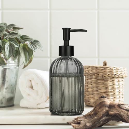 1 Pack 13.5oz Glass Soap Dispenser with Plastic Pump, Vertical Stripe Design Refillable Hand Soap Dispenser for Hand Wash, Bathroom and Kitchen - color: Transparent Grey